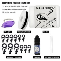 Fishing Rod Repair Kit with UV Glue, 14 Tip Tops & Thread