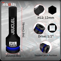 JEUCLEL 12mm Hex Impact Bit Socket, H12 1/2-Inch Drive 1PC | 12MM