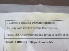 Iridex, 40051,1000um Handpiece, Use w/ Iridex 532nm Laser Systems, Used