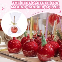 Candy Apple Stick Kit, 24P Pink Apple Wooden Skewers with Bags/Purple Ribbon