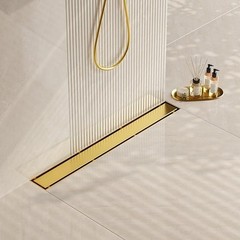 24 Inch Gold Linear Shower Drain, 2-in-1 Tile Insert, Brushed Brass Stainless