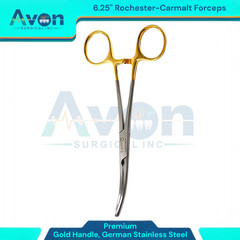1 Each – Rochester Carmalt Forceps 6.25in Curved w/ Gold Rings -German Stainless