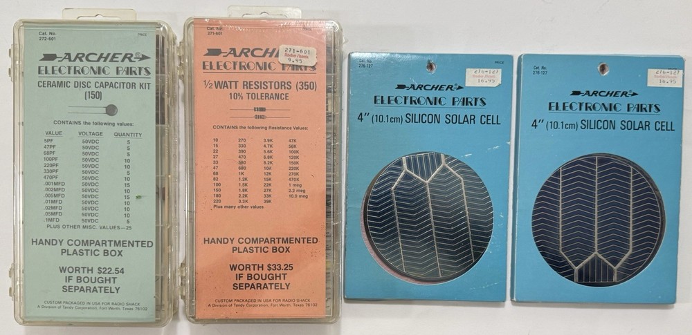 NOS RadioShack Archer Solar Cell 276-127 Capacitor 272-601+Resistor 271-601 Kits