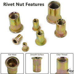 175Pcs Zinc Carbon Steel Rivet Nut Kit – M3-M10, Flat Heads