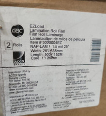 GBC EZLOAD FILM LAMINATION ROLL ITEM # 3000004EZ 1.5 ml. 25” X 500′ ~ LOT OF 2