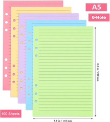 A5 Filler Paper, 6 Hole Colorful Refills, Lined Paper for 6 Ring Binder, 100