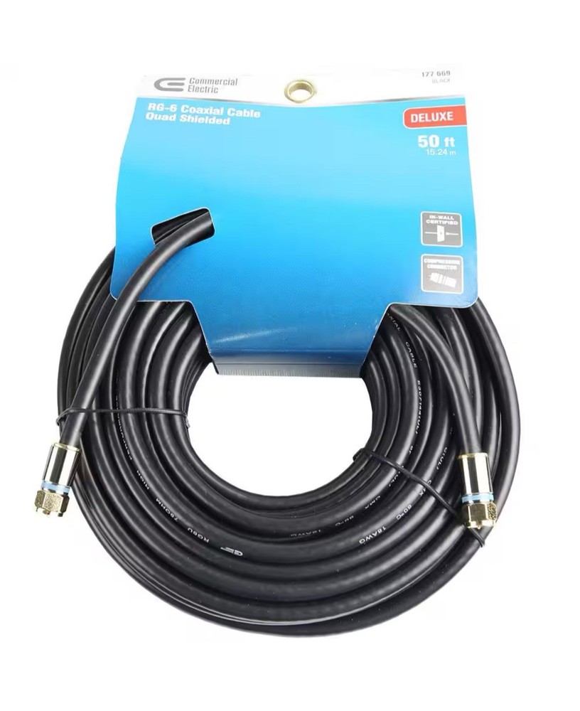 Commercial Electric Y304189 50 ft. RG-6 Quad Shielded Coaxial Cable, Black