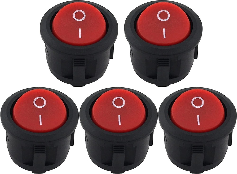 5 Pack Round Rocker Power Switch SPST 6A 250V AC 2 Pin ON Off Red Button Power