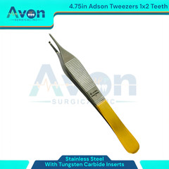Gold Handle 1×2 Teeth Adson Tissue Forceps, 4.75in, w/ TC Inserts – German Steel