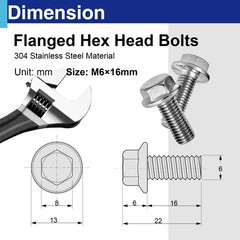 15 Pack M6-1.0 × 16mm Flange Bolt, Full Thread 304 Stainless Steel M6, Silver