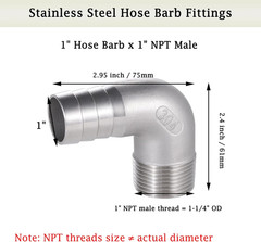 304 Stainless Steel Hose Barb Fitting, 1″ Hose Barb to 1″ NPT Male 90 Degree Elb