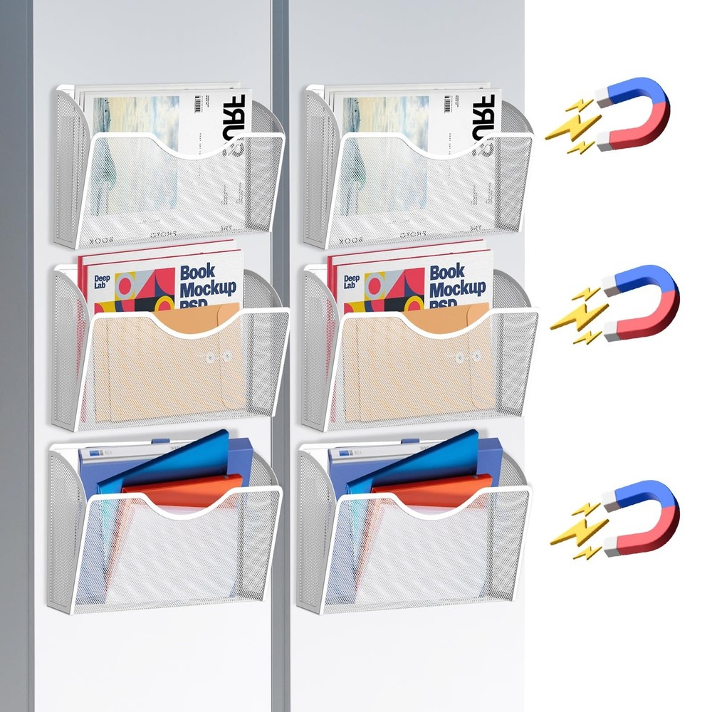 LQPAFZ 6PCS Magnetic File Holder White Metal Wire Mesh 13.5 x 2 x 8.5 inches