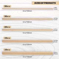 Moukiween Wooden Dowel Rods, 1/8, 3/16, 1/4, 5/16, 3/8 x 6 Inch (100PCS)