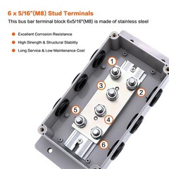 12-48V Heavy Duty 500A Bus Bar Tin-Plated Copper Block 6xM8(5/16″) Studs Wate…
