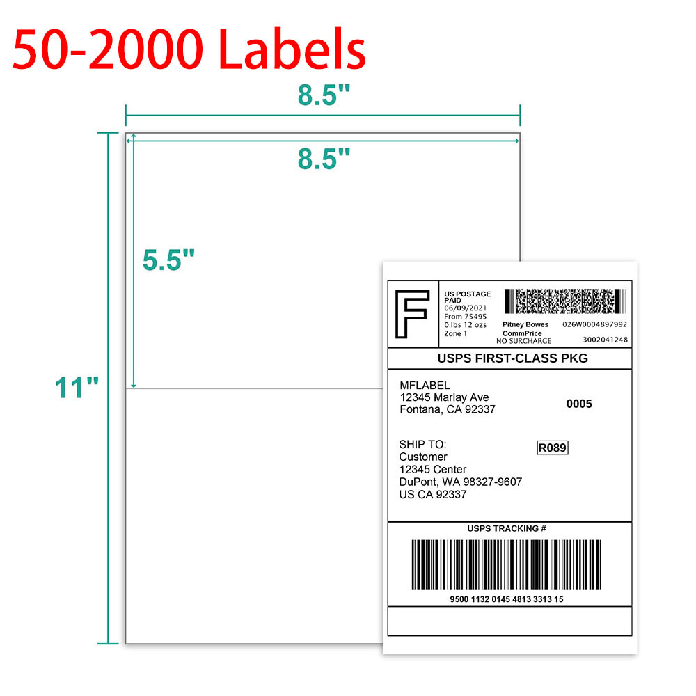 50-2000 Premium 8.5″ X 5.5″ Half Sheet Self Adhesive Shipping Labels 2 Per Sheet