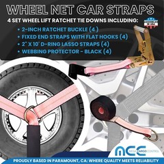 USA 4 Pack 2″ x10′ Side Mount Wheel Net Tie Down Ratchet w/Flat Hook Lasso Strap