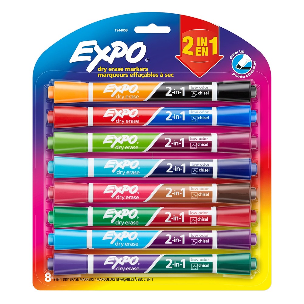 Expo 2 in 1 Dual Ended Dry Erase Markers Assorted Colors 8 Count Chisel Tip