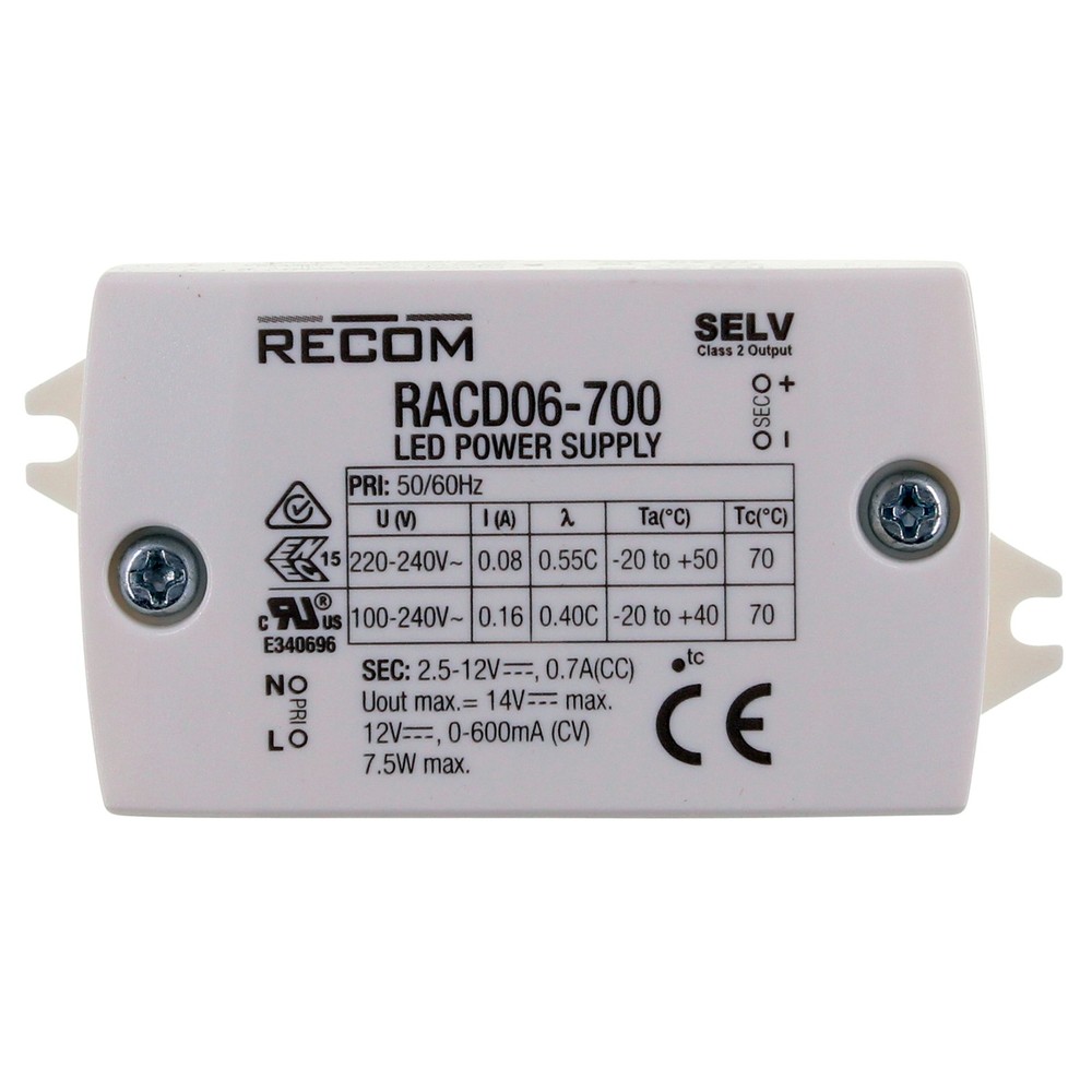 RECOM RACD06-700 LED DRIVER POWER SUPPLY, 12-VDC @ 600MA, 7.5-WATTS, 100-240V