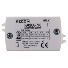 RECOM RACD06-700 LED DRIVER POWER SUPPLY, 12-VDC @ 600MA, 7.5-WATTS, 100-240V