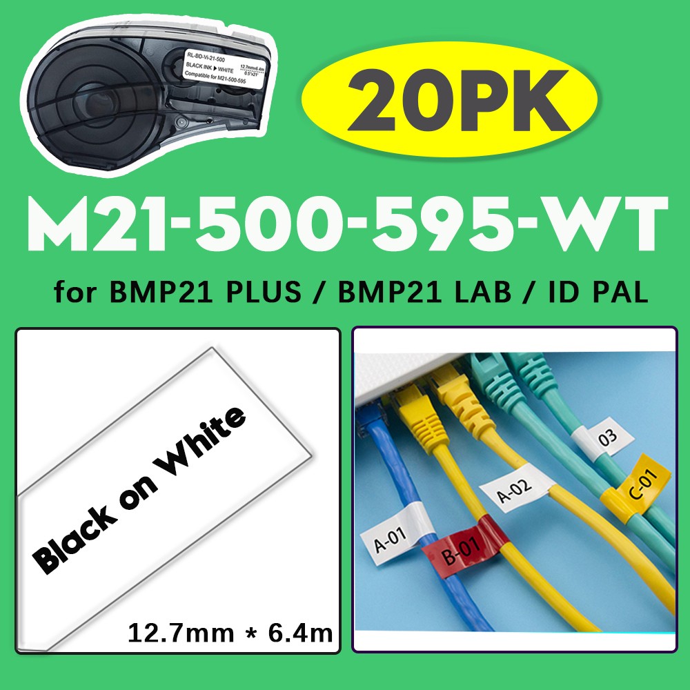 20PK M21-500-595-WT Compatible for Brady BMP21 Label Cartridge White 1/2″ x 21