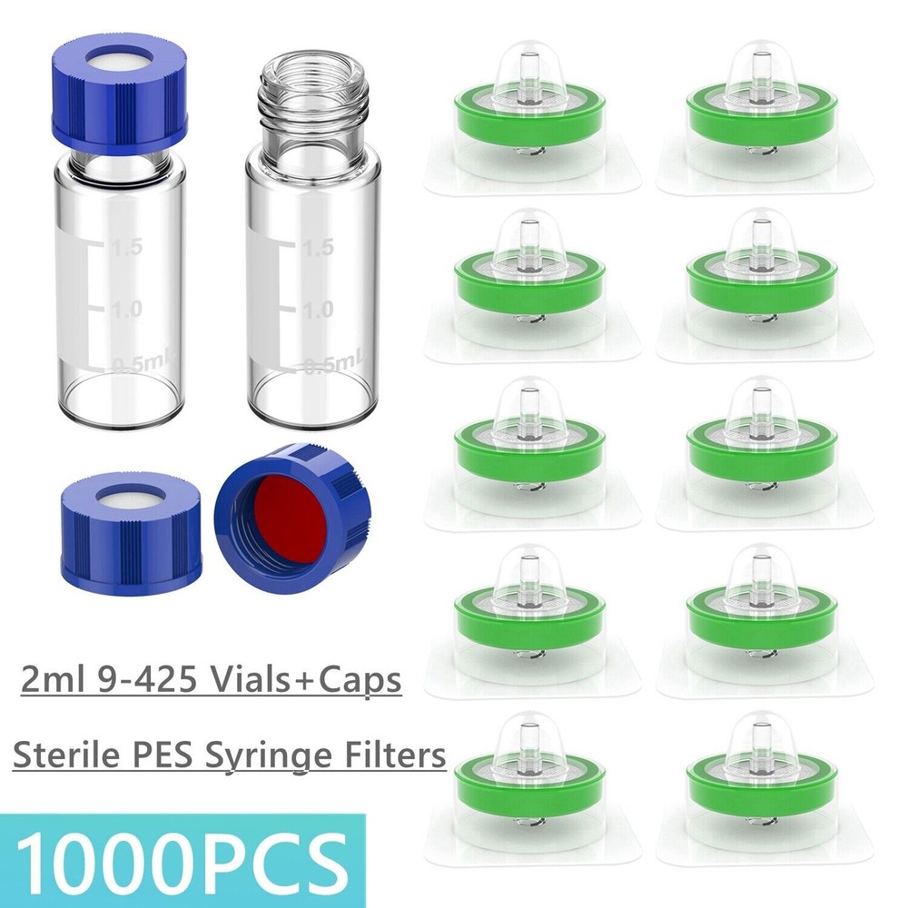 1000x 2mL HPLC Vials 9mm Screw Caps +Sterile PES 0.22μm 33mm Syringe Filters LAB