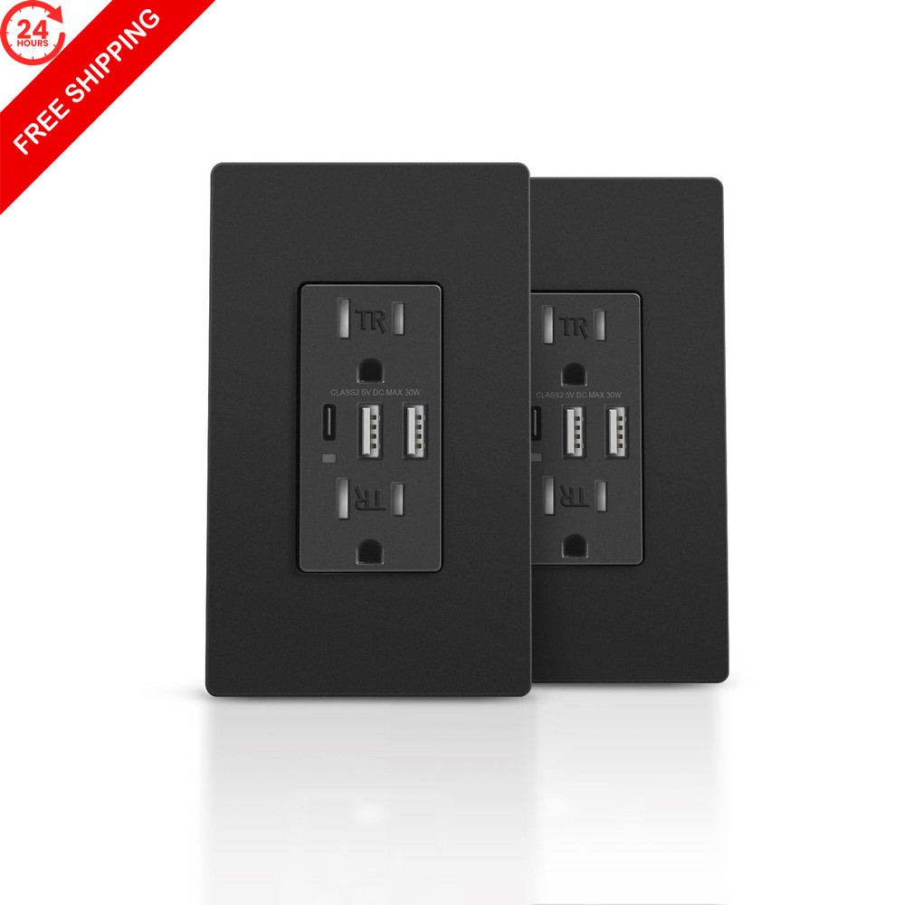 TOPELER Black USB Wall Outlet, 6.0Amp Electrical Socket with 15 Amp,