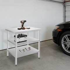 24x30x35 in Tool Bench 3 Tiers Garage Workbench, Silver Work Table With Casters