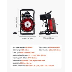 Uimoso Drain Cleaning Machine with 75FT x 3/8 Inch Cable and 4 Cutters