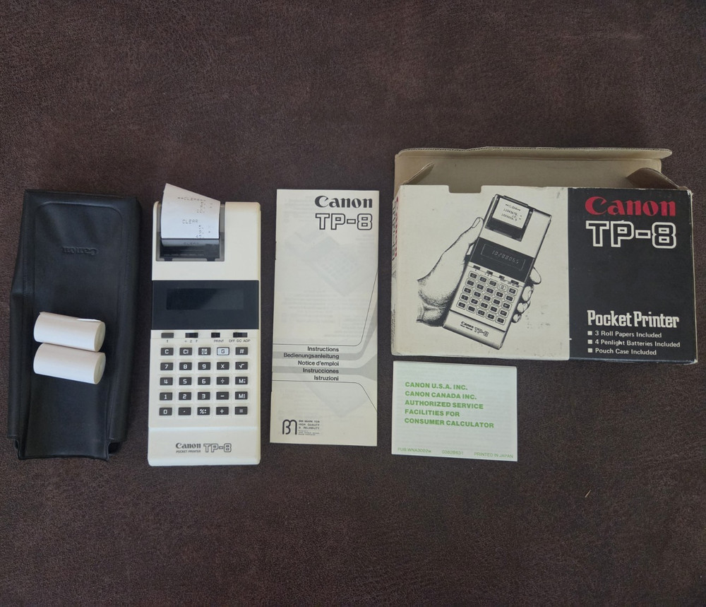 Canon TP-8 Pocket Printing Calculator w/ Case, Paper Rolls, Manuals, Battery