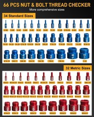 66-Piece Nut and Bolt Thread Checker Kit | 34 SAE (Blue) + 32 Metric (Red) Th…