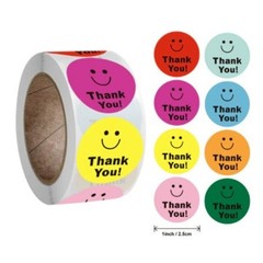1 INCH 1 Roll 500 pc count MULTI COLOR THANK YOU Happy Face Emoji Label Sticker