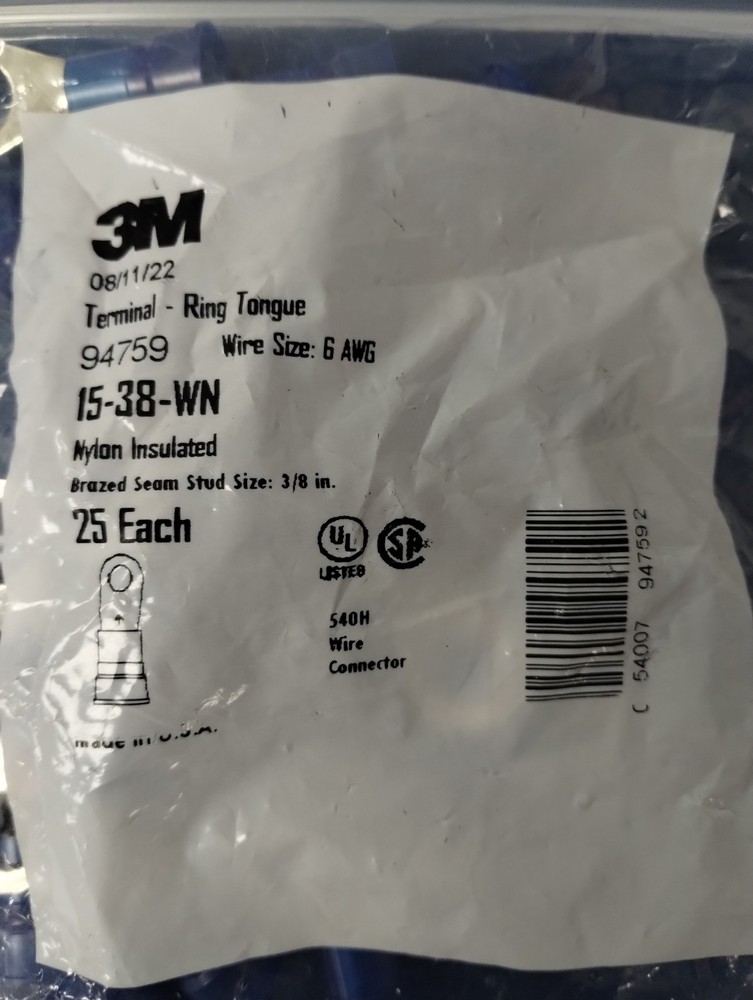LOT OF 100 – 3M Ring Tongue Insulated Brazed Seam 6 AWG, 94759, 15-38-WN