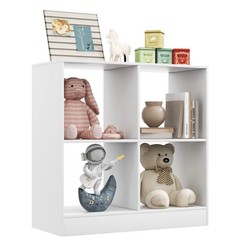 Costzon Toy Organizers And Storage Wooden White 4-Cube Kids Bookcase For Books