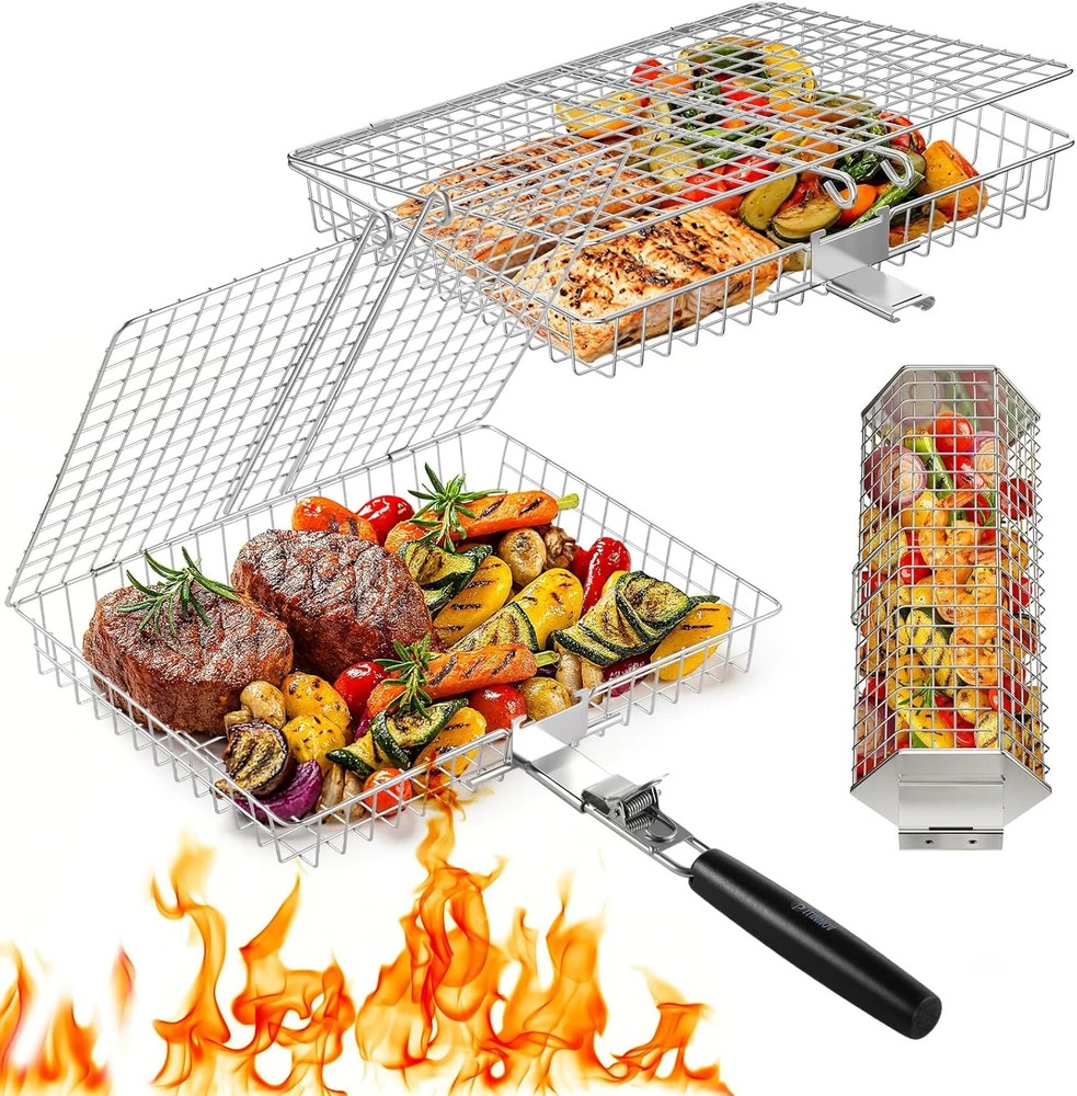 Grill Baskets for Outdoor Grilling, 3PCS Grilling Baskets with Removable Handle,