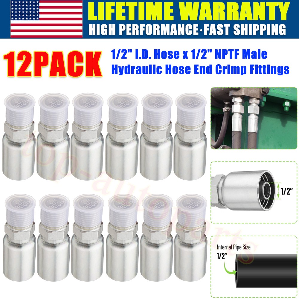 12Pack 1/2″ NPTF Hydraulic Hose End Fittings, 1/2″ I.D. Hose x 1/2″ NPTF Male A+