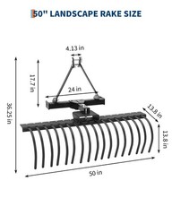 50” Landscape Rake, 3 Point Hitch Tractor Rake Fit for Category-0 Cat-1 Tractor