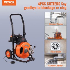 VEVOR Drain Cleaner Machine Electric Drain Auger 75 FT x 3/8 In Auto Feed