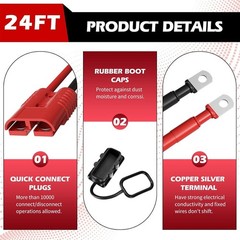 24 FT Heavy Duty Quick Disconnect Winch Power Cable 4 Gauge 4 AWG Copper Wiring