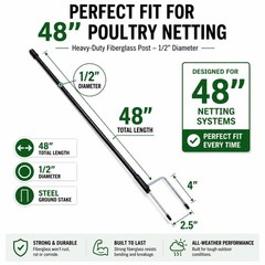 48″ Heavy-Duty Electric Poultry Netting Replacement Poles – Durable Fiberglass P
