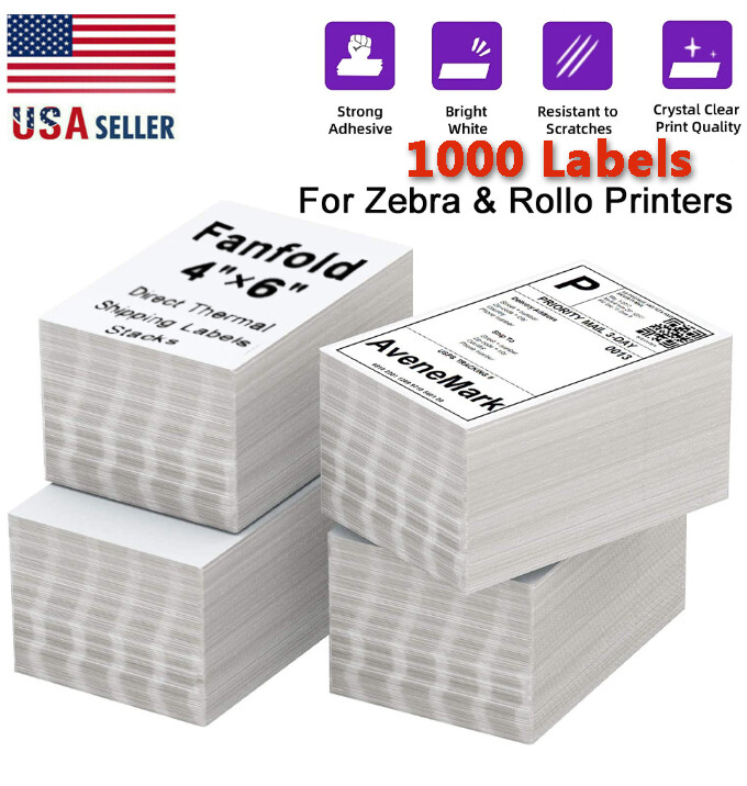 1000 4″x6″ Fanfold Direct Thermal Shipping Labels for Zebra and Rollo Printers
