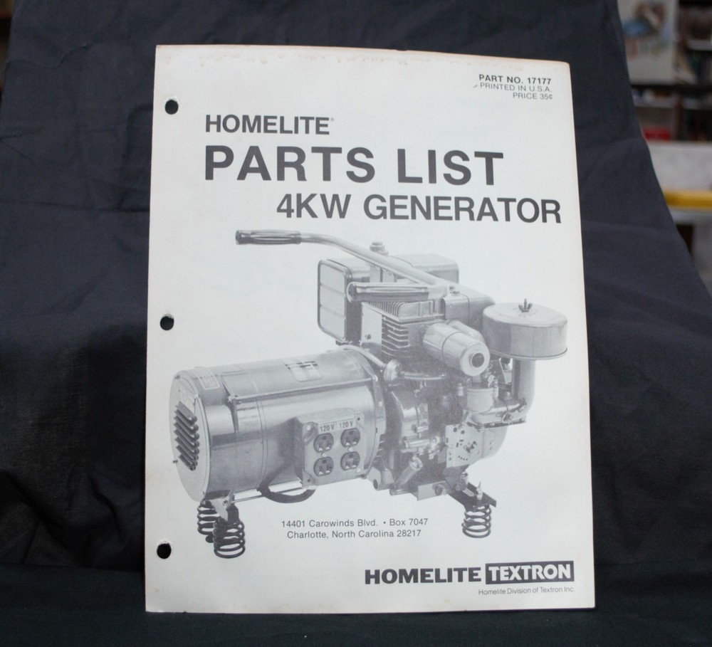 Homelite Generator Parts List Part No. 17177 Illustrated 4KW Generator