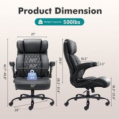 Big and Tall Office Chair 500LBS Flip Up Arms Adjustable Lumbar Support Black