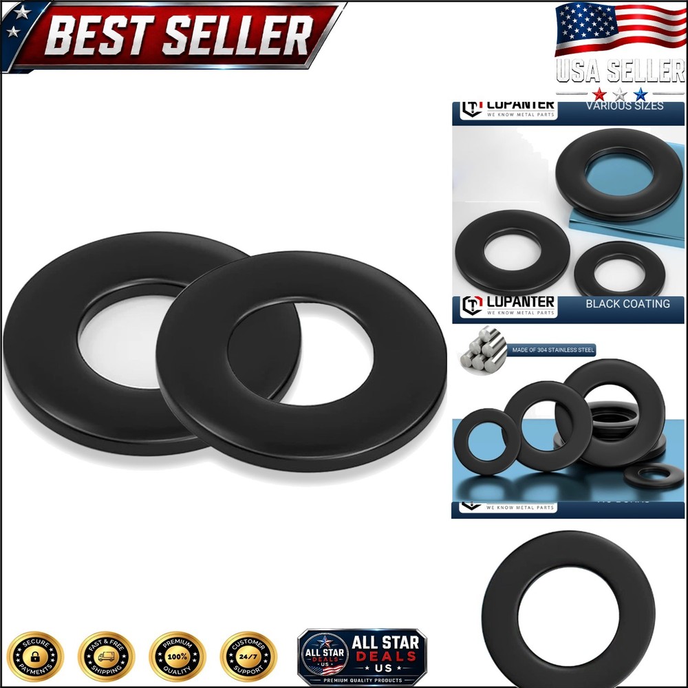 Corrosion Resistant 1/4″ Washers – 50 Pack Black Flat Washers in Stainless Steel