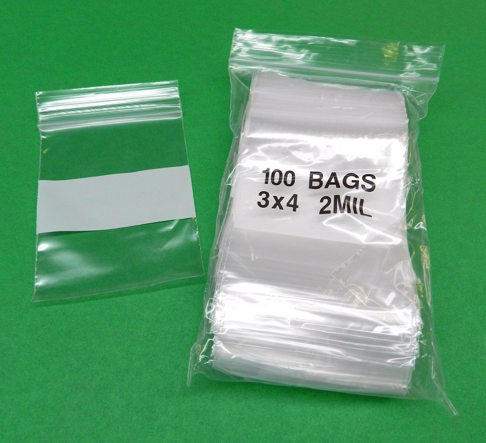 100 3×4 White Block Bags 2mil Reclosable Poly Writeable 3″ x 4″ Squeeze Top Lock