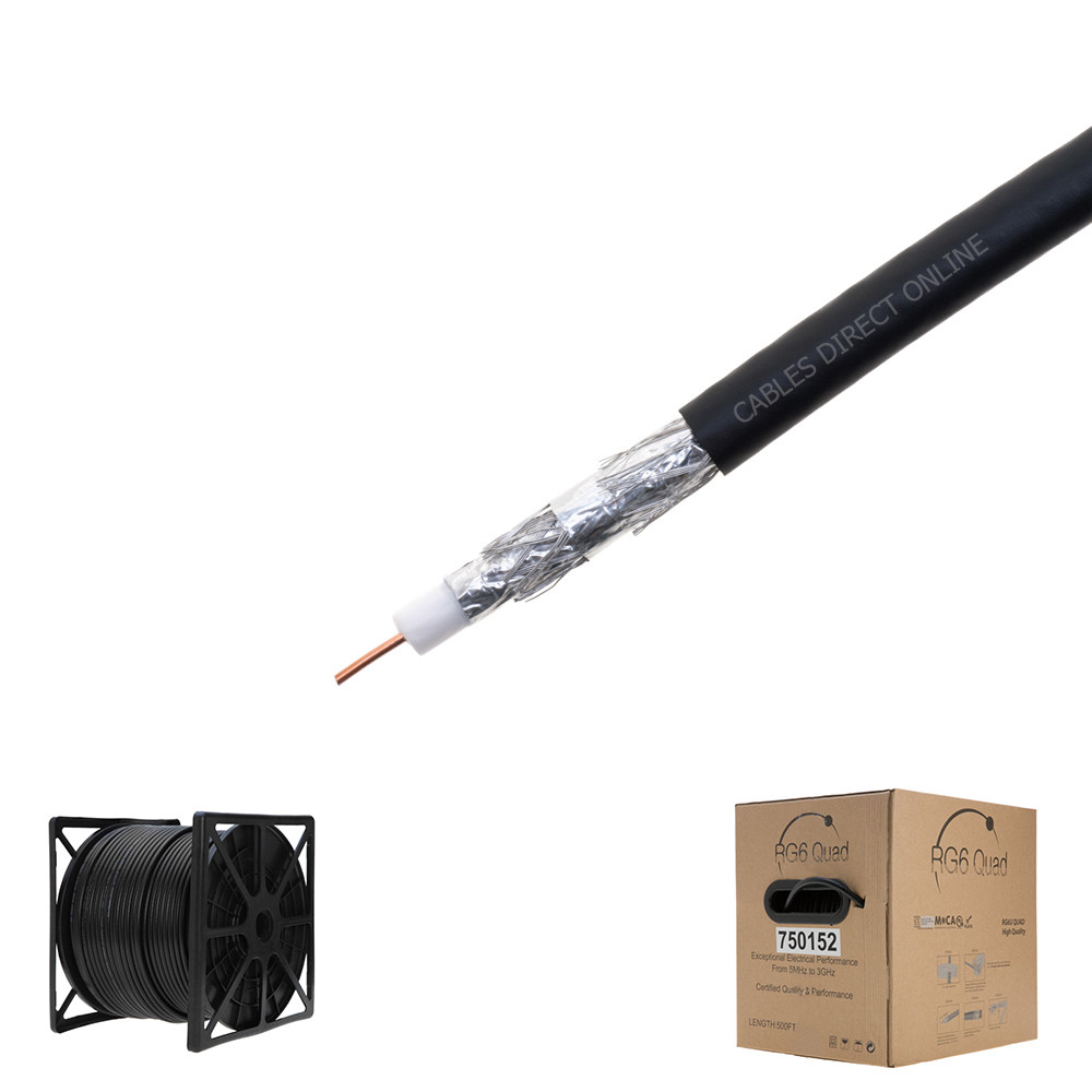 RG6 500FT Cable Bulk Coaxial Wire Quad Shield 18AWG Black Coax Satellite TV