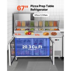 67″ Commercial Refrigerated Pizza Prep Table Station Fridge Double Door w/9 Pans