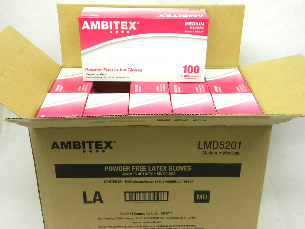 Ambitex Powder Free Latex Rubber Gloves MEDIUM (10 boxes / 1 Case/ 1000 Gloves)