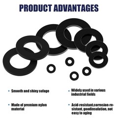 900 Piece Nylon Flat Washer Assortment Kit Black Plastic Flat Washers