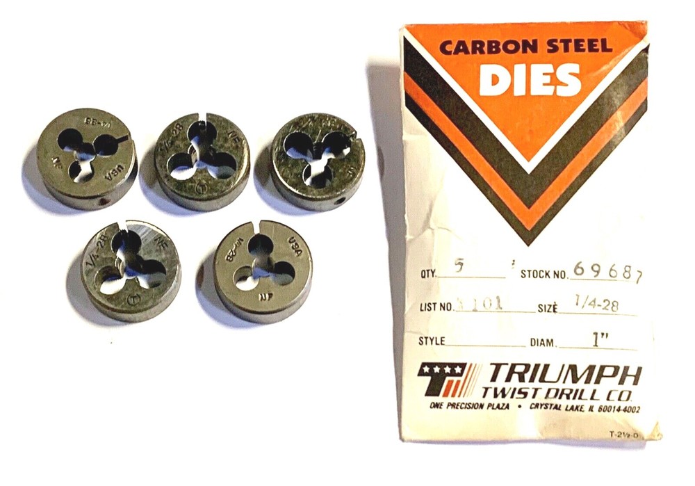 Triumph 1/4-28 Round Die 1″ Self Adjusting Carbon Steel Die 5 Pack USA Made