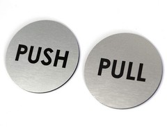 Brushed Silver Push Pull Door Signs – Set of 2, 2″ Round, Laser Engraved, Indoor